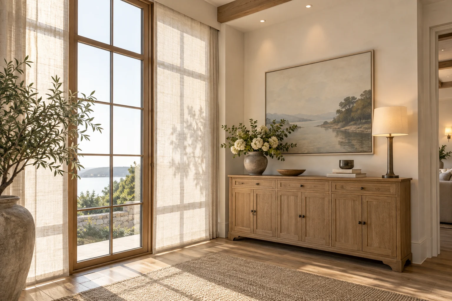 An illustrative home interior with linen window shades, natural light and warm oak details