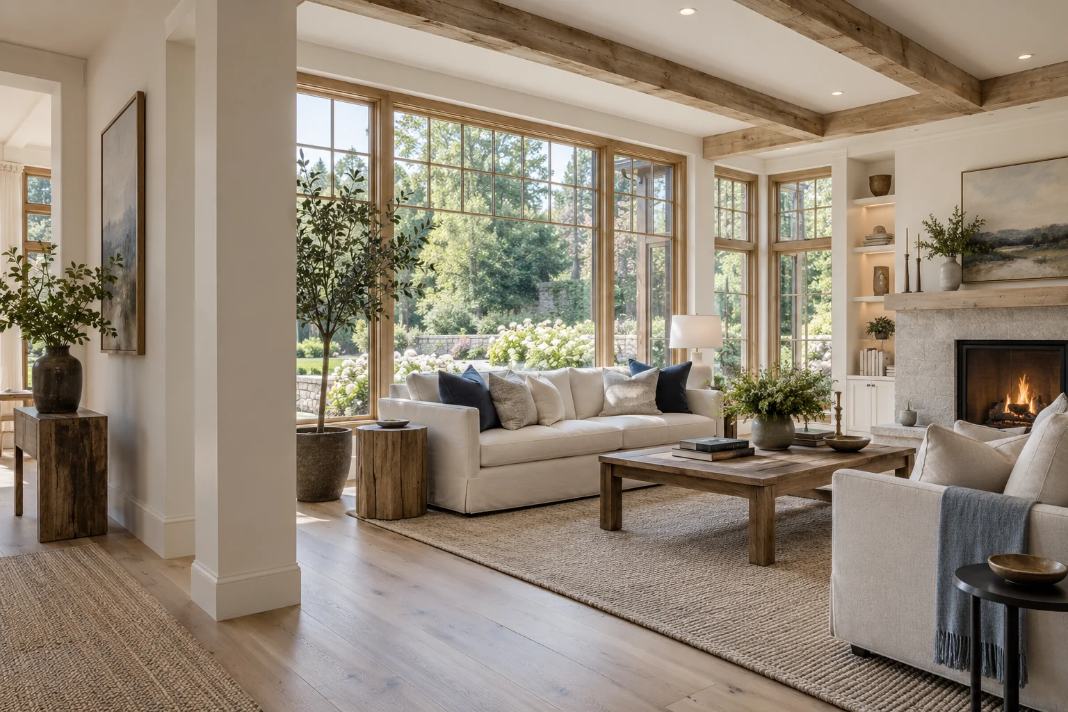 An illustrative New England living room with natural oak, soft daylight and discreet lighting